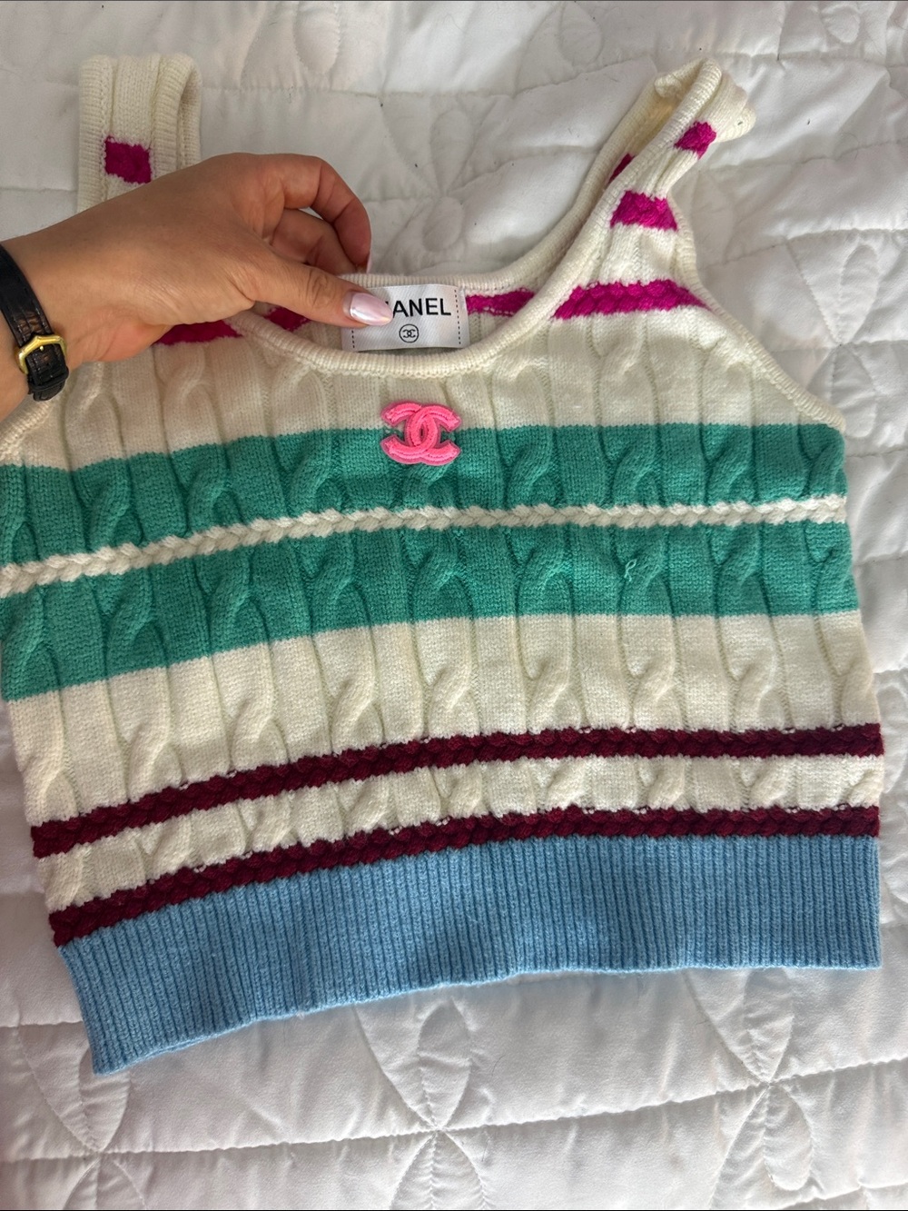 Cc Cream Cable-Knit Tank with Teal, Light Blue & Pink Accents